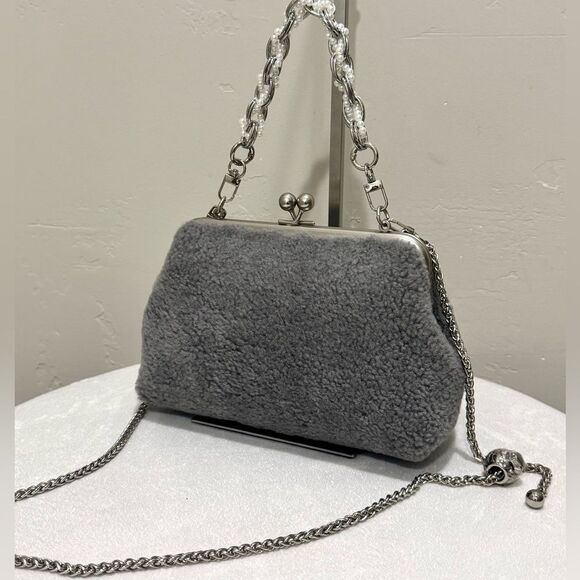 Gray Real Shearling Leather Handmade Kisslock Clutch Shoulder Bag, Crossbody - Picture 1 of 14